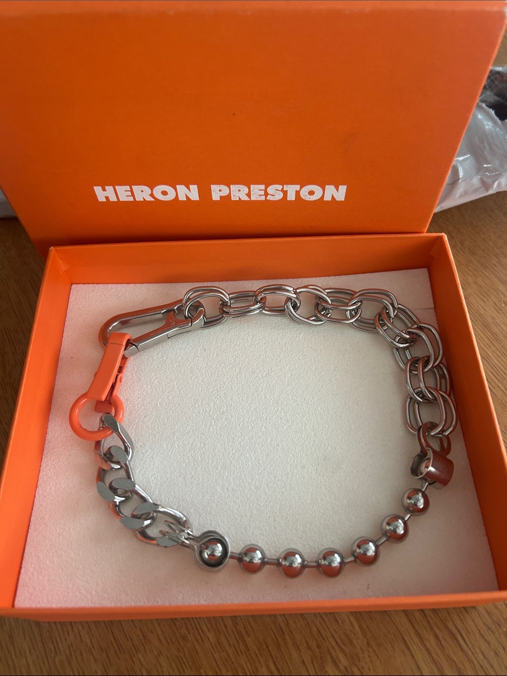 Heron Preston Silver Chain necklace/chocker style with Orange Clip